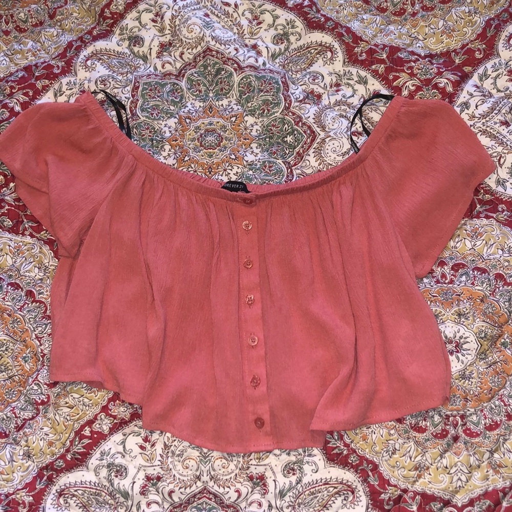 cute pink off the shoulder crop top flowy